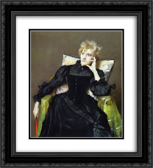 Seated Woman in Black Dress 20x22 Black Ornate Wood Framed Art Print Poster with Double Matting by Chase, William Merritt