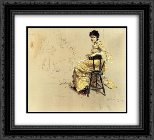 Seated Woman in Yello Striped Gown 22x20 Black Ornate Wood Framed Art Print Poster with Double Matting by Chase, William Merritt