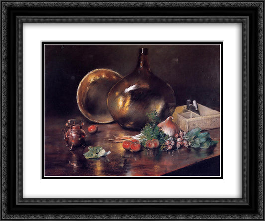 Still Life - Brass and Glass 24x20 Black Ornate Wood Framed Art Print Poster with Double Matting by Chase, William Merritt