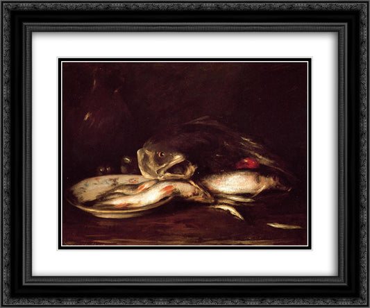 Still Life with Fish 24x20 Black Ornate Wood Framed Art Print Poster with Double Matting by Chase, William Merritt