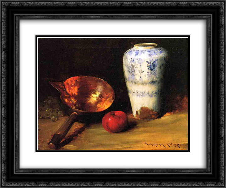 Still Liife with China Vase, Copper Pot, an Apple and a Bunch of Grapes 24x20 Black Ornate Wood Framed Art Print Poster with Double Matting by Chase, William Merritt