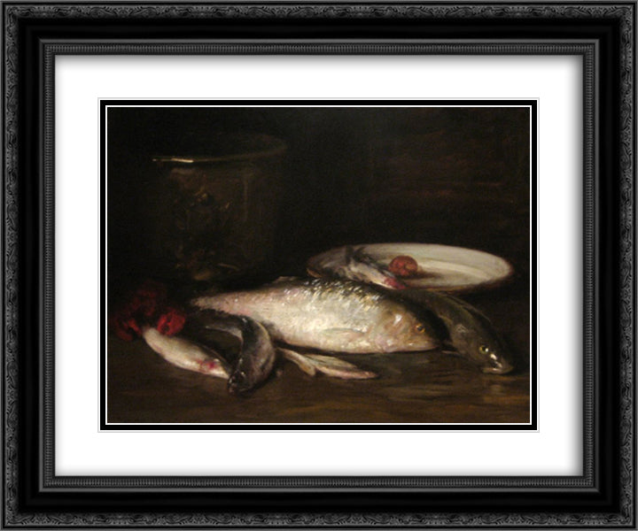 Still-Life with Fish 24x20 Black Ornate Wood Framed Art Print Poster with Double Matting by Chase, William Merritt