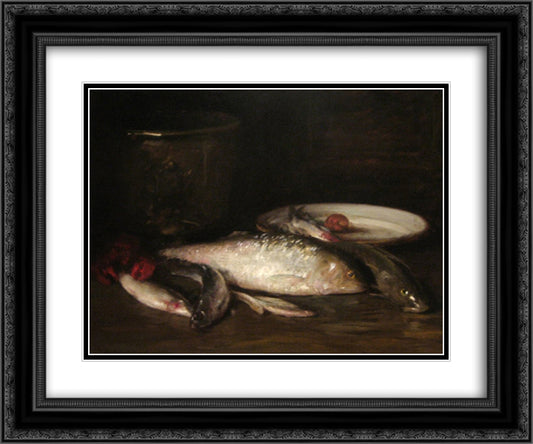 Still-Life with Fish 24x20 Black Ornate Wood Framed Art Print Poster with Double Matting by Chase, William Merritt