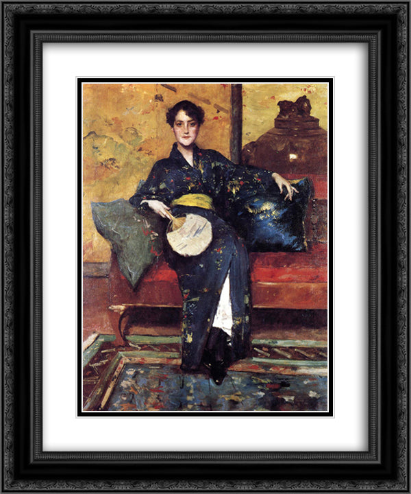 The Blue Kimono, aka Girl in Blue Kimono 20x24 Black Ornate Wood Framed Art Print Poster with Double Matting by Chase, William Merritt