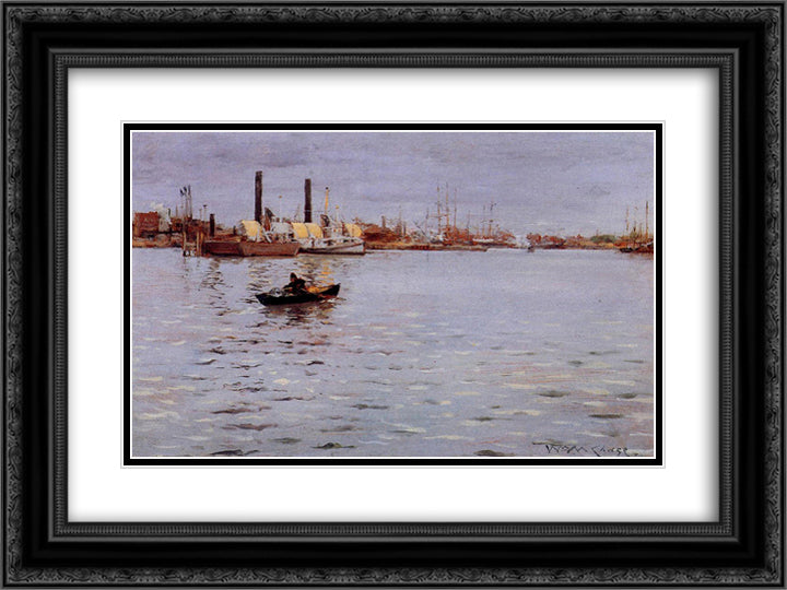 The East River 24x18 Black Ornate Wood Framed Art Print Poster with Double Matting by Chase, William Merritt