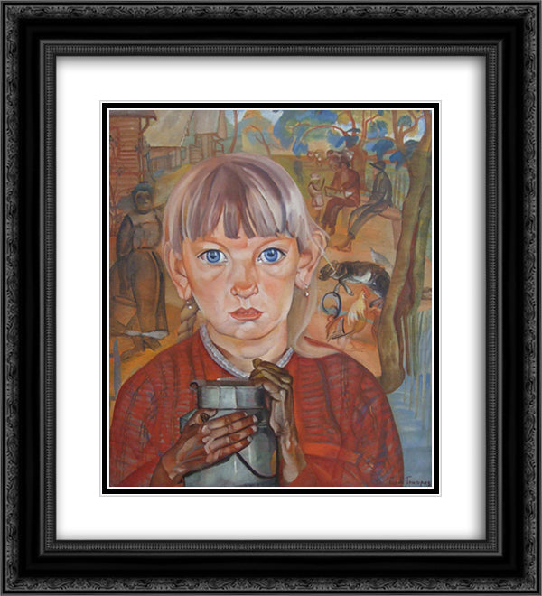 Girl with a Milk Can 20x22 Black Ornate Wood Framed Art Print Poster with Double Matting by Grigoriev, Boris