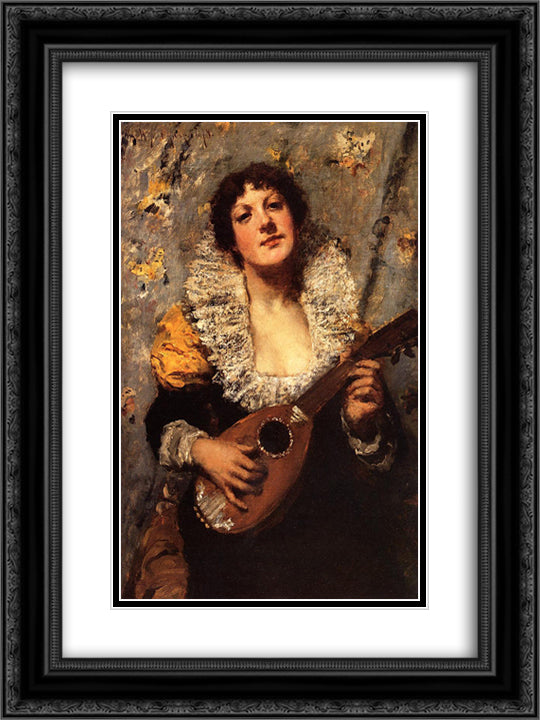 The Mandolin Player 18x24 Black Ornate Wood Framed Art Print Poster with Double Matting by Chase, William Merritt