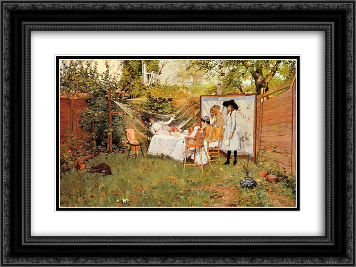 The Open Air Breakfast 24x18 Black Ornate Wood Framed Art Print Poster with Double Matting by Chase, William Merritt