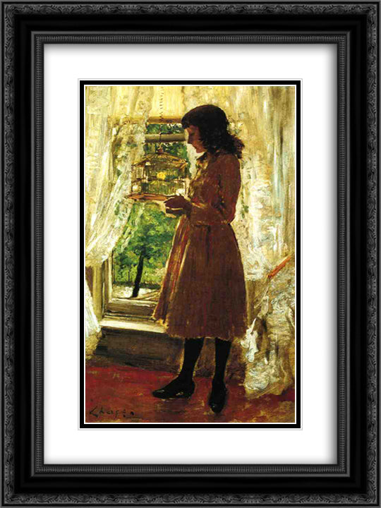 The Pet Canary 18x24 Black Ornate Wood Framed Art Print Poster with Double Matting by Chase, William Merritt