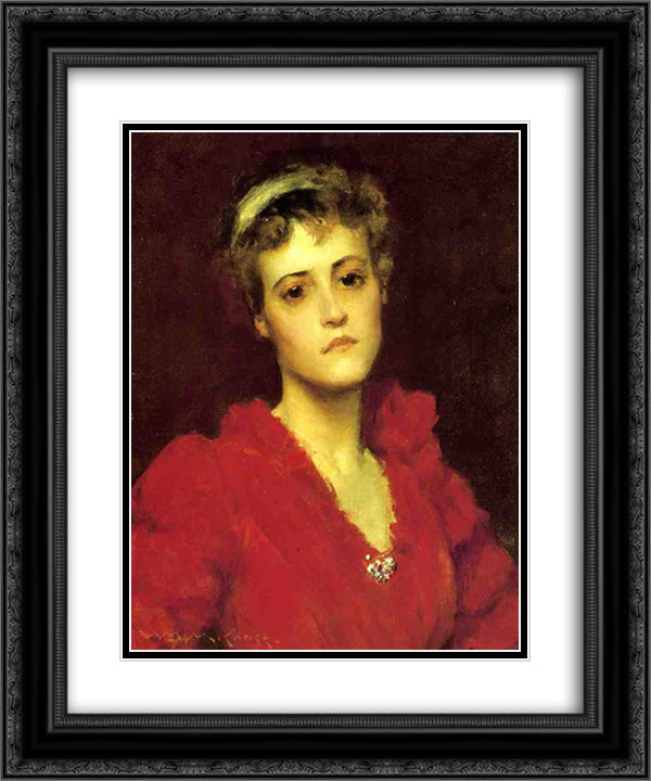 The Red Gown 20x24 Black Ornate Wood Framed Art Print Poster with Double Matting by Chase, William Merritt