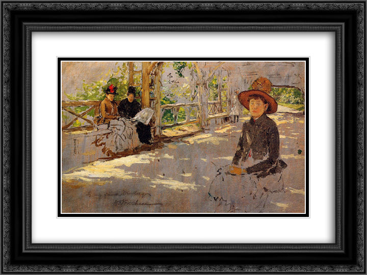 Women under Trellis 24x18 Black Ornate Wood Framed Art Print Poster with Double Matting by Chase, William Merritt