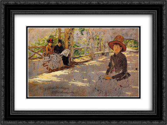 Women under Trellis 24x18 Black Ornate Wood Framed Art Print Poster with Double Matting by Chase, William Merritt