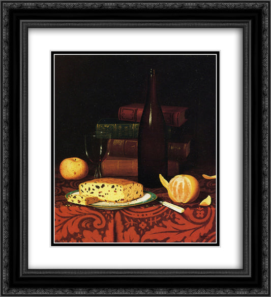 Still Life with Raisin Cake, Fruit and Wine 20x22 Black Ornate Wood Framed Art Print Poster with Double Matting by Harnett, William Michael