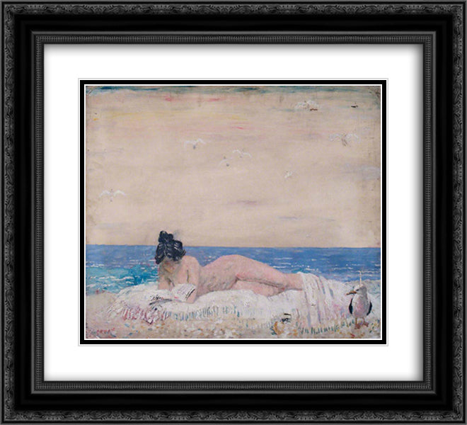 Nude Female Model (Reading On The Seashore) 1930 22x20 Black Ornate Wood Framed Art Print Poster with Double Matting by Orpen, William