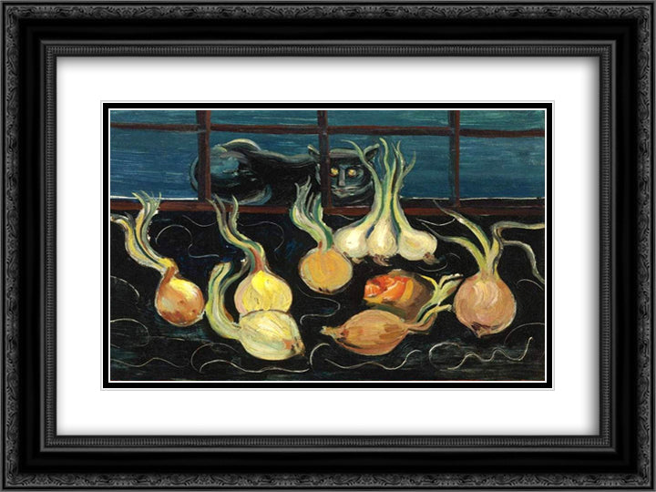 Still Life with Cat and Onions 24x18 Black Ornate Wood Framed Art Print Poster with Double Matting by Grigoriev, Boris