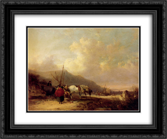 A Busy Beach Scene 24x20 Black Ornate Wood Framed Art Print Poster with Double Matting by Shayer, William