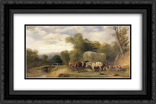 Carthorses and Rustics by a Stream 24x16 Black Ornate Wood Framed Art Print Poster with Double Matting by Shayer, William