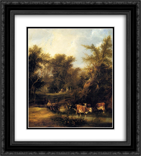 Cattle By A Stream 20x22 Black Ornate Wood Framed Art Print Poster with Double Matting by Shayer, William