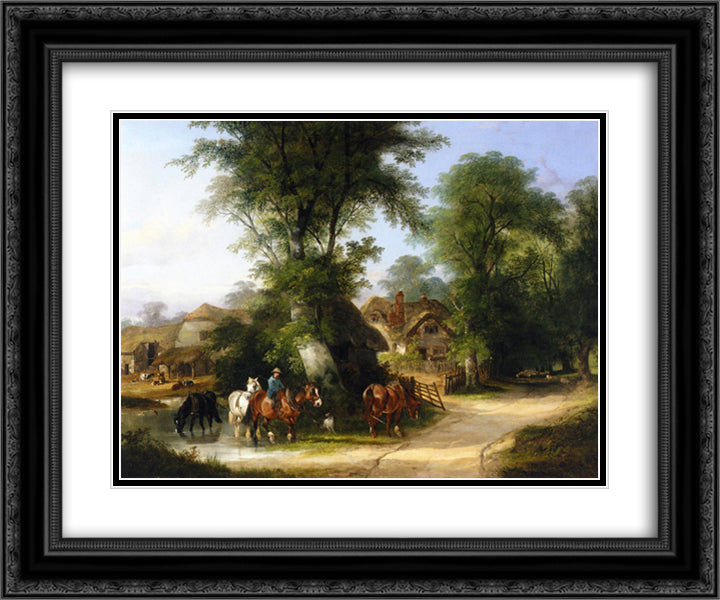 The Watering Place 24x20 Black Ornate Wood Framed Art Print Poster with Double Matting by Shayer, William