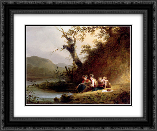 The Young Anglers 24x20 Black Ornate Wood Framed Art Print Poster with Double Matting by Shayer, William