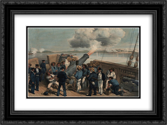 Bombardment of Bomarsund 24x18 Black Ornate Wood Framed Art Print Poster with Double Matting by Simpson, William