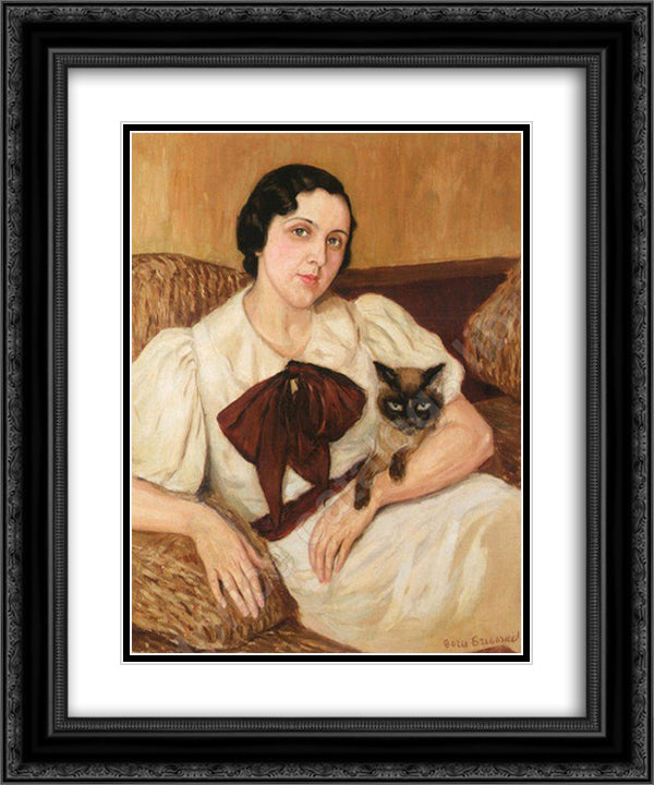 Woman With Cat 20x24 Black Ornate Wood Framed Art Print Poster with Double Matting by Grigoriev, Boris