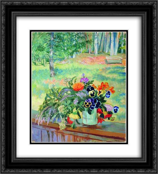 A Bouquet of Flowers on the Balcony 20x22 Black Ornate Wood Framed Art Print Poster with Double Matting by Kustodiev, Boris