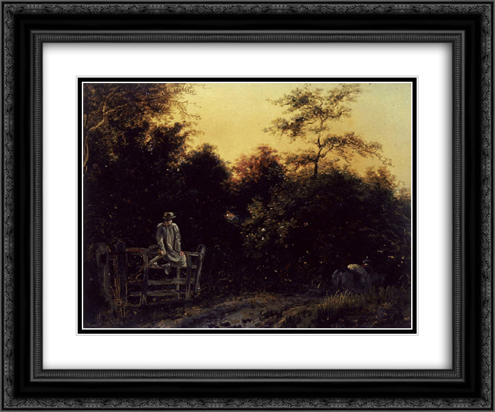 Landscape with a Track and a Man Sitting on a Gate 24x20 Black Ornate Wood Framed Art Print Poster with Double Matting by Williams, William