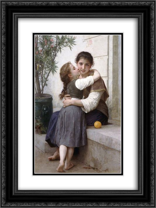 A Little Coaxing 18x24 Black Ornate Wood Framed Art Print Poster with Double Matting by Bouguereau, William Adolphe