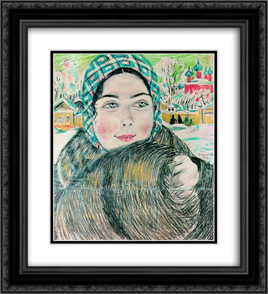 A young merchant's wife in the a checkered scarf 20x22 Black Ornate Wood Framed Art Print Poster with Double Matting by Kustodiev, Boris