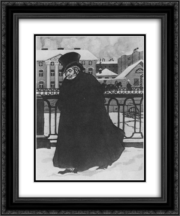 Akaky Akakiyevich in the new coat 20x24 Black Ornate Wood Framed Art Print Poster with Double Matting by Kustodiev, Boris