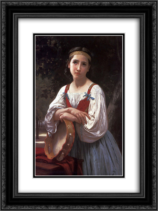 Gypsy Girl with a Basque Drum 18x24 Black Ornate Wood Framed Art Print Poster with Double Matting by Bouguereau, William Adolphe