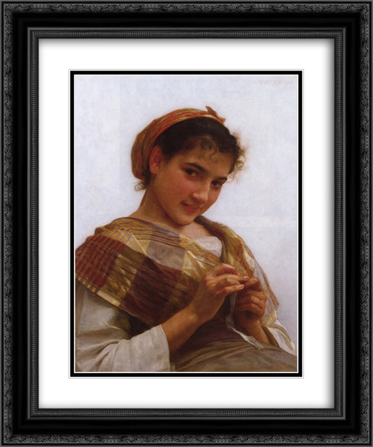 Portrait of a Young Girl Crocheting 20x24 Black Ornate Wood Framed Art Print Poster with Double Matting by Bouguereau, William Adolphe