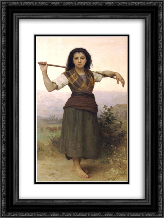 Shepherdess 18x24 Black Ornate Wood Framed Art Print Poster with Double Matting by Bouguereau, William Adolphe