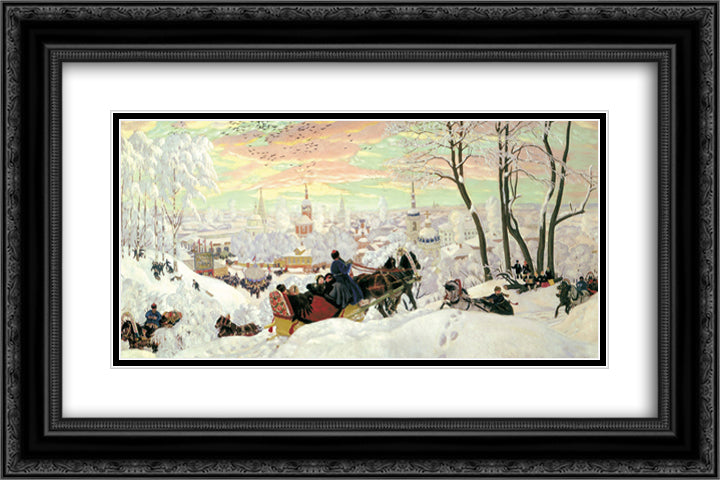 Arriving for Shrovetide 24x16 Black Ornate Wood Framed Art Print Poster with Double Matting by Kustodiev, Boris