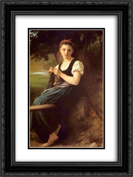 The Knitting Girl 18x24 Black Ornate Wood Framed Art Print Poster with Double Matting by Bouguereau, William Adolphe