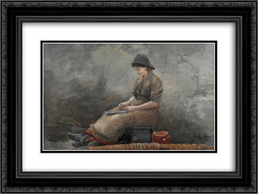 Fishergirl Baiting Lines 24x18 Black Ornate Wood Framed Art Print Poster with Double Matting by Homer, Winslow