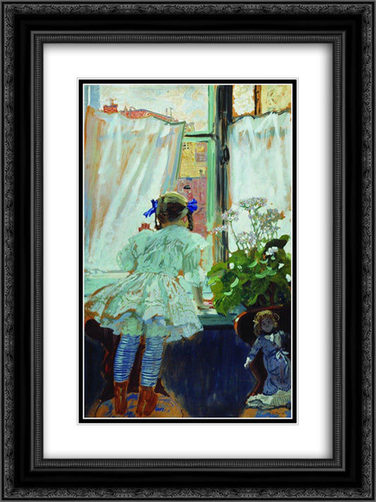 At the window. Portrait of I.B. Kustodieva 18x24 Black Ornate Wood Framed Art Print Poster with Double Matting by Kustodiev, Boris