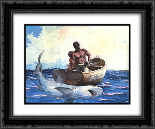 Shark Fishing 24x20 Black Ornate Wood Framed Art Print Poster with Double Matting by Homer, Winslow