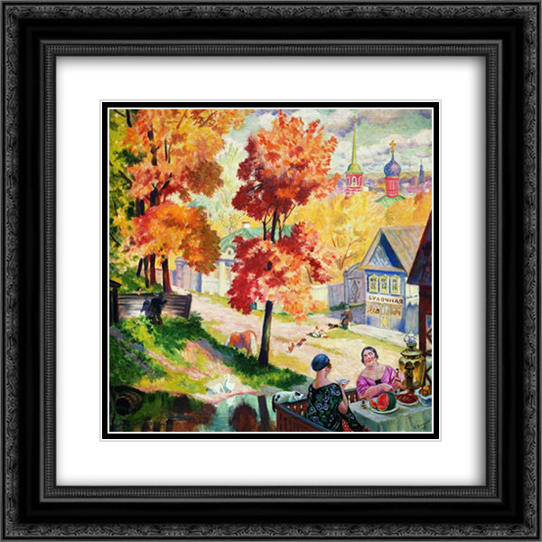 Autumn in the province. Teatime 20x20 Black Ornate Wood Framed Art Print Poster with Double Matting by Kustodiev, Boris