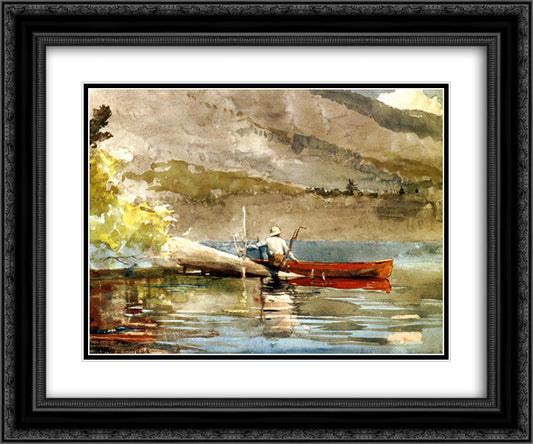 The Red Canoe 24x20 Black Ornate Wood Framed Art Print Poster with Double Matting by Homer, Winslow