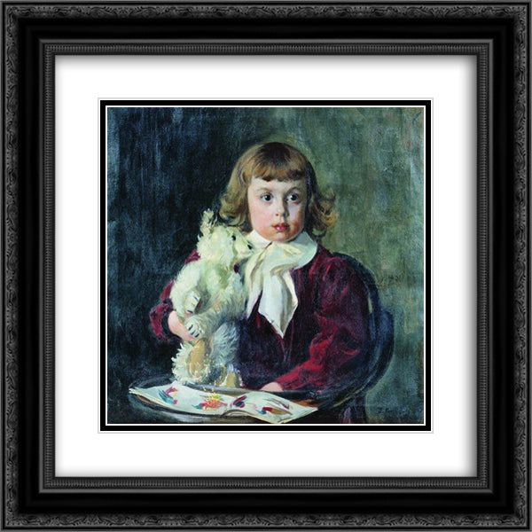 Boy with teddy bear 20x20 Black Ornate Wood Framed Art Print Poster with Double Matting by Kustodiev, Boris