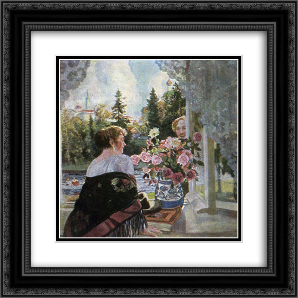 By Window 20x20 Black Ornate Wood Framed Art Print Poster with Double Matting by Kustodiev, Boris