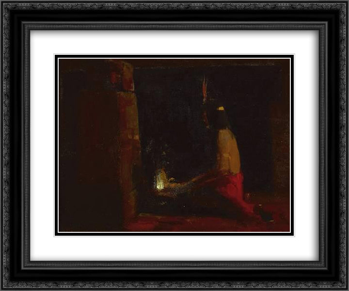 Hopi Indian at a hearth 24x20 Black Ornate Wood Framed Art Print Poster with Double Matting by Martinez, Xavier