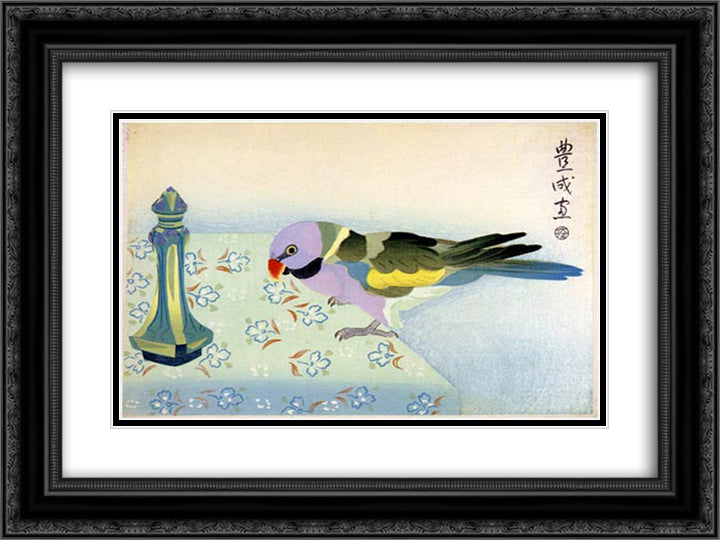 Parakeet on Table 24x18 Black Ornate Wood Framed Art Print Poster with Double Matting by Toyonari, Yamamura