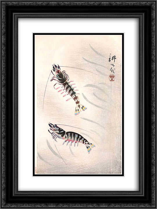 Two Prawns 18x24 Black Ornate Wood Framed Art Print Poster with Double Matting by Toyonari, Yamamura