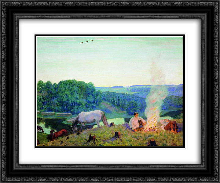 Fireplace (Night) 24x20 Black Ornate Wood Framed Art Print Poster with Double Matting by Kustodiev, Boris