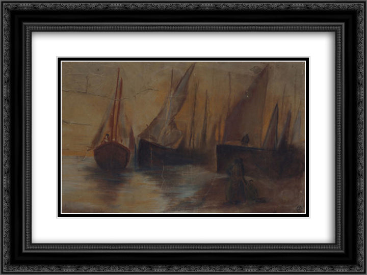 Boats in susnet 24x18 Black Ornate Wood Framed Art Print Poster with Double Matting by Tsaroychis, Yiannis