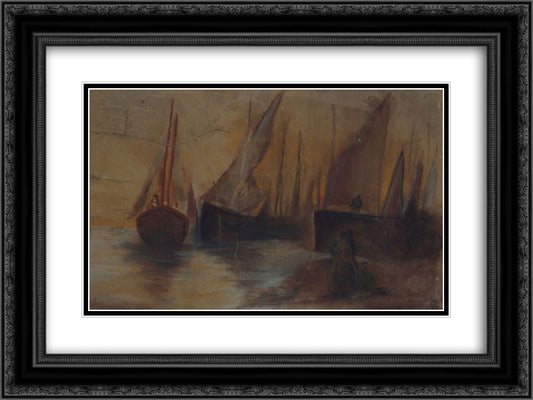 Boats in susnet 24x18 Black Ornate Wood Framed Art Print Poster with Double Matting by Tsaroychis, Yiannis