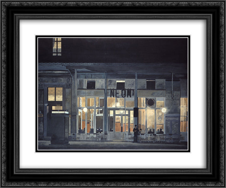 Cafe ''Neon'' at night 24x20 Black Ornate Wood Framed Art Print Poster with Double Matting by Tsaroychis, Yiannis